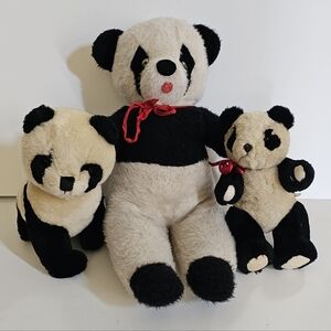 Vintage Panda Bear Plush Lot of 3 Shanghai Factory Pure Wool w/ Swivel Heads